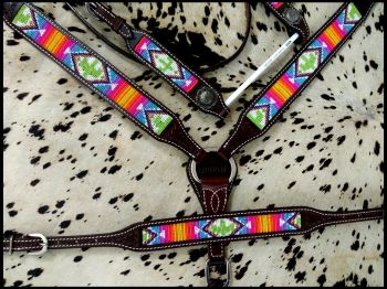 14264: Showman ®  Brightly Beaded Southwest and Cactus 3 Piece Headstall and Breastcollar Set Headstall & Breast Collar Set Showman   