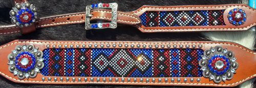14286: Showman ® One ear headstall and breast collar set with red, white, and blue crystal rhinest Headstall & Breast Collar Set Showman   