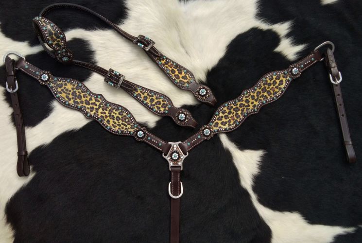 14302: Showman ® Cheetah print one ear headstall and breast collar set with turquoise accents Headstall & Breast Collar Set Showman   