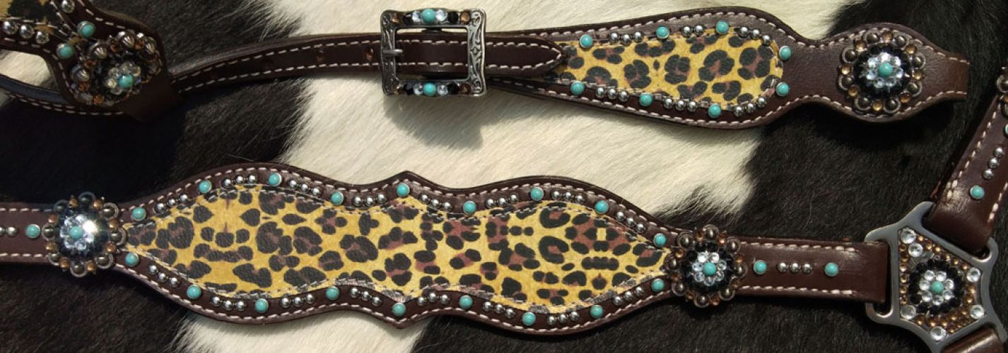 14302: Showman ® Cheetah print one ear headstall and breast collar set with turquoise accents Headstall & Breast Collar Set Showman   
