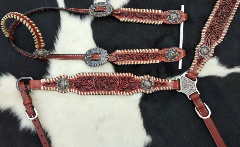 14309: Showman ® One Ear Headstall and breast collar set with floral tooling and barrel racer conc Headstall & Breast Collar Set Showman   