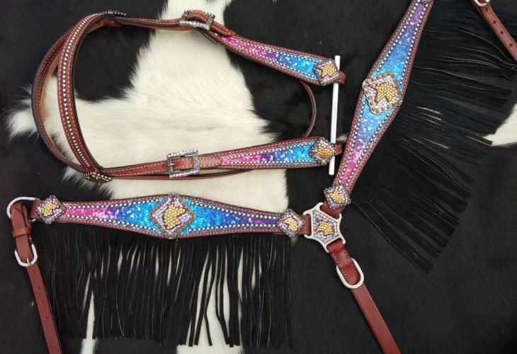 14312: Showman ® Galaxy print browband headstall and breastcollar set with unicorn conchos and bla Headstall & Breast Collar Set Showman   
