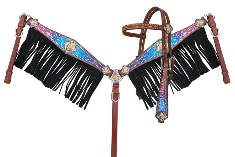 14312: Showman ® Galaxy print browband headstall and breastcollar set with unicorn conchos and bla Headstall & Breast Collar Set Showman   
