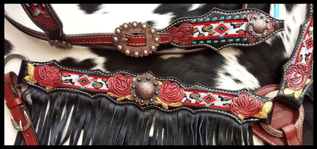 14334: Showman- Southwest & Cheetah Beaded Fringe Design Headstall and Breast collar Headstall & Breast Collar Set Showman   