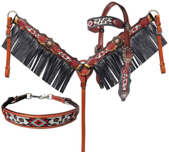 14334: Showman- Southwest & Cheetah Beaded Fringe Design Headstall and Breast collar Headstall & Breast Collar Set Showman   