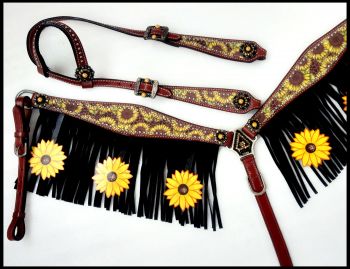 14361: Showman ® Sunflower print one ear headstall and breast collar set Headstall & Breast Collar Set Showman   
