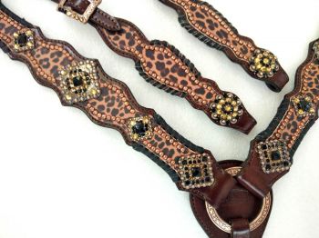 14374: Showman ® Cheetah print one ear headstall and breast collar set with turquoise accents Headstall & Breast Collar Set Showman   