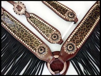 14375: Showman ® Cheetah print one ear headstall and breast collar set with black suede fringe Headstall & Breast Collar Set Showman   