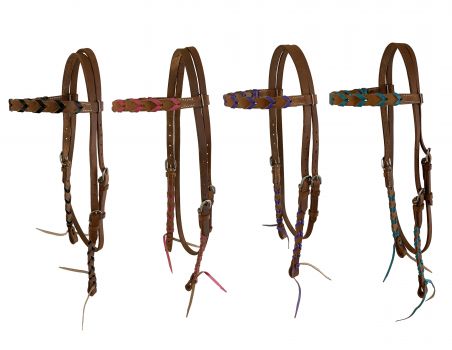 14384: Showman ® Argentina cow leather brow band headstall with colored lacing, with quick tie end Primary Showman   