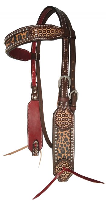 14386: Showman ® Argentina cow leather brow band headstall with Cheetah Inlay Primary Showman   