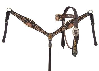 14388: Showman ® Cheetah hair on inlay  with sunflower accent browband headstall and breast collar Headstall & Breast Collar Set Showman   
