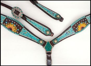 14389: Showman ® Turquoise  inlay  with painted sunflower accent one ear headstall and breast coll Headstall & Breast Collar Set Showman   
