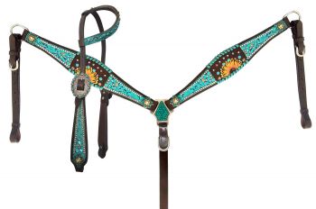 14389: Showman ® Turquoise  inlay  with painted sunflower accent one ear headstall and breast coll Headstall & Breast Collar Set Showman   