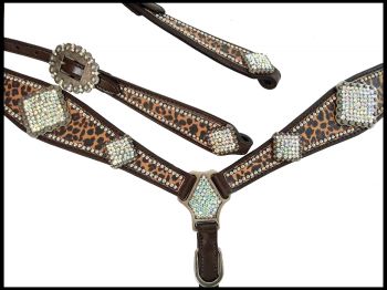 14391: Showman ® Cheetah print one ear headstall and breast collar set with rhinestone accents Headstall & Breast Collar Set Showman   