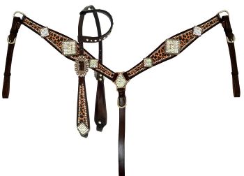14391: Showman ® Cheetah print one ear headstall and breast collar set with rhinestone accents Headstall & Breast Collar Set Showman   