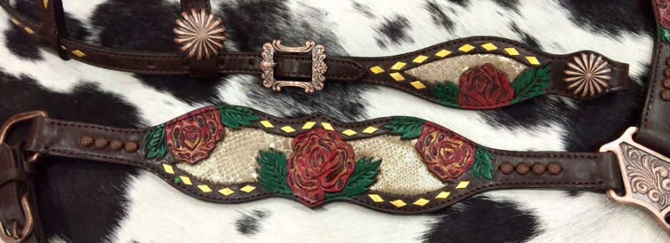 14393: Showman ® Gold snake print  inlay  with painted rose accent one ear headstall and breast co Headstall & Breast Collar Set Showman   