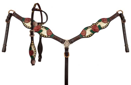 14393: Showman ® Gold snake print  inlay  with painted rose accent one ear headstall and breast co Headstall & Breast Collar Set Showman   