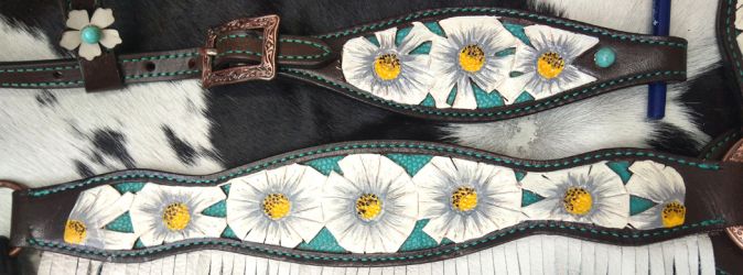 14394: Showman ® White poppy painted flower with teal inlay one ear headstall and breast collar se Headstall & Breast Collar Set Showman   