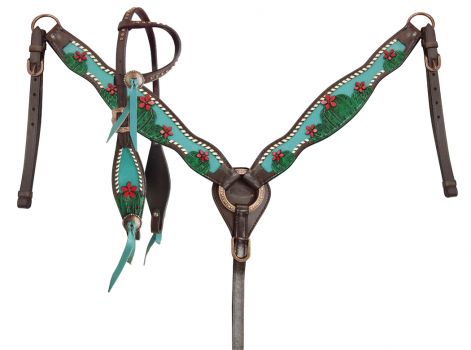 14395: Showman ®Painted Cactus with 3D flower accent one ear headstall breast collar set Headstall & Breast Collar Set Showman   