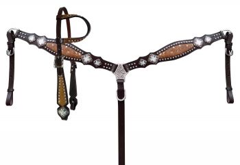 14412: Showman ® Cowhide inlay browband headstall and breast collar set with beads and bling conch Headstall & Breast Collar Set Showman   