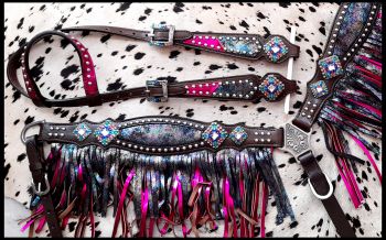 14413: Showman ® Rainbow Inlay metallic with pink metallic accent one ear headstall and breast col Headstall & Breast Collar Set Showman   