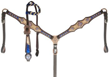 14414: Showman ® Royal Blue and Gold metallic Braided Single Ear Headstall and Breast Collar Set Headstall & Breast Collar Set Showman   