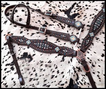 14416: Showman ® Gator print inlay one ear headstall and breast collar set with turquoise, and cop Headstall & Breast Collar Set Showman   