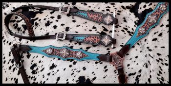 14417: Showman ® Cheetah print overlay with teal leather accent One Ear headstall and breast colla Headstall & Breast Collar Set Showman   