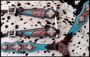 14417: Showman ® Cheetah print overlay with teal leather accent One Ear headstall and breast colla Headstall & Breast Collar Set Showman   