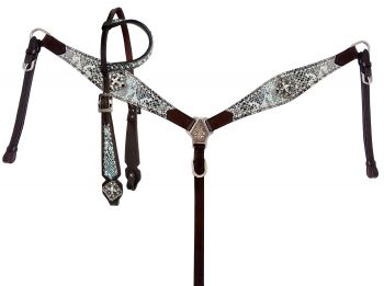 14418: Showman ® Snakeskin print inlay one ear headstall and breast collar set with silver beading Headstall & Breast Collar Set Showman   