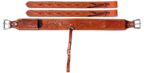 14464: Showman ® 3" wide Accorn Tooled Leather back cinch with roller buckles Cinch Showman   