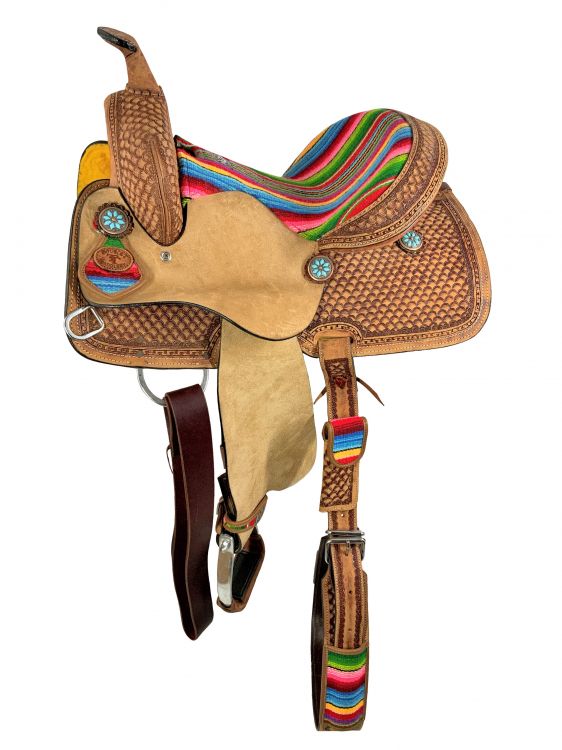 15" Double T  Youth Hard Seat Western saddle with Wool Serape Accents Barrel Saddle Double T   