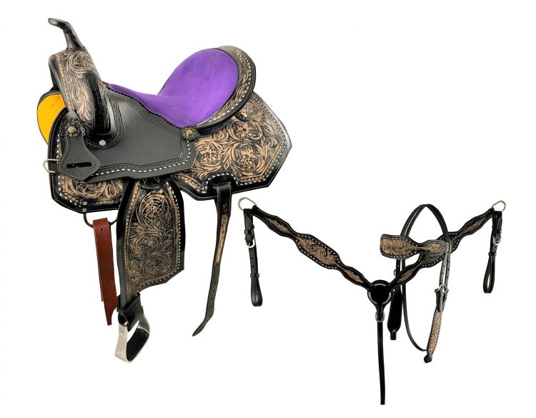 15" Economy Barrel Saddle Set with floral tooling, conchos with suede purple seat Default Shiloh   