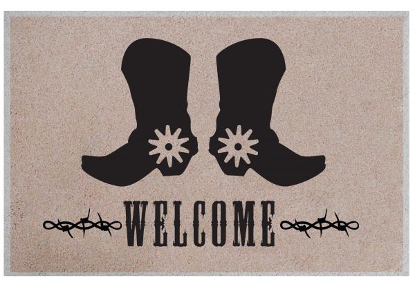 1526: 27" x 18" Boots ' N' Spurs welcome mat Primary Showman Saddles and Tack   