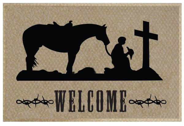 1527: 27" x 18" Praying Cowboy welcome mat Primary Showman Saddles and Tack   