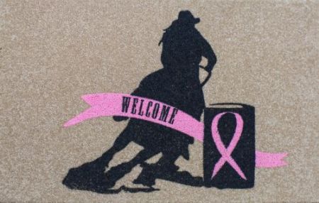 1529: 27" x 18" Pink ribbon barrel racer welcome mat Primary Showman Saddles and Tack   