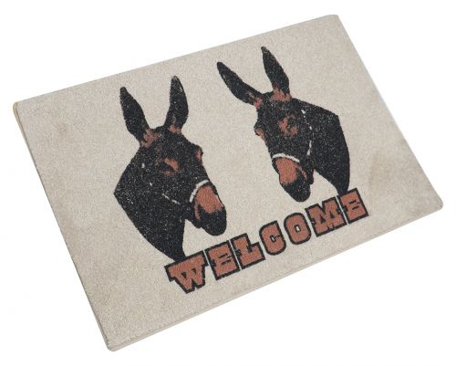 1542: 27" x 18" 2 Mules Welcome Mat Primary Showman Saddles and Tack   