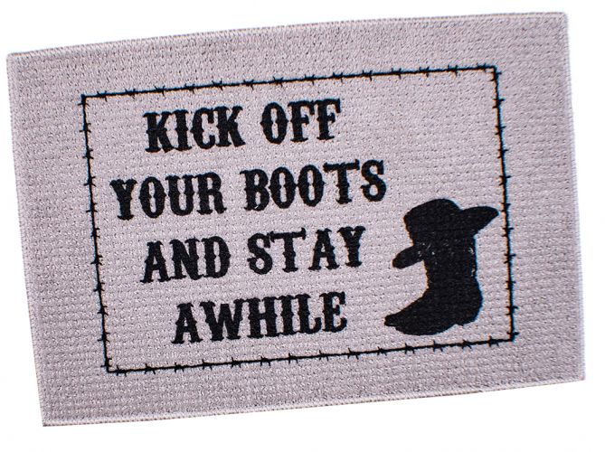 1548: 27" x 18" "Kick Off Your Boots And Stay Awhile" floor mat Primary Showman Saddles and Tack   