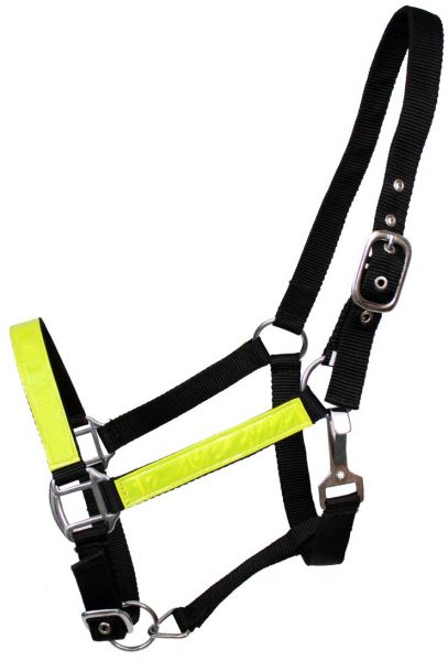 15755: Triple Ply black nylon reflector halter with adjustable nose Nylon Halter Showman Saddles and Tack   