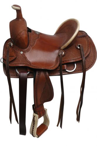 15810: 12", 13" Double T hard seat roper style saddle with basket tooling Youth Saddle Double T   