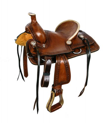 1581812: 12"Double T hard seat roper style saddle with aztec design tooling Youth Saddle Double T   
