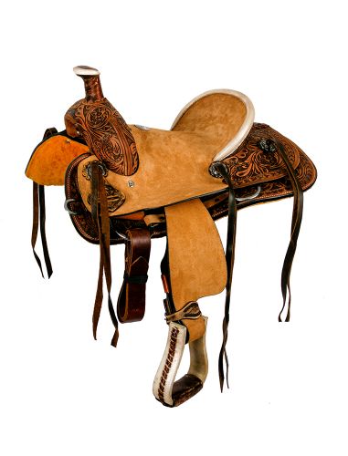 1582012: 12" Double T hard seat roper style saddle with floral tooling Youth Saddle Double T   
