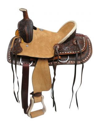 15821: 12" Double T Youth hard seat roper style saddle with basket and floral tooled leather Youth Saddle Double T   