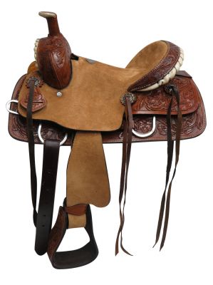 15824: Youth hard seat roper style saddle with floral tooled leather Youth Saddle Double T   
