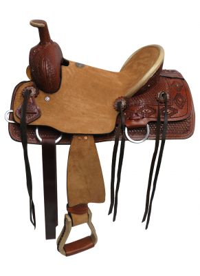 1582913: 13" Double T Youth hard seat roper style saddle with basket weave and Navajo diamond tool Youth Saddle Double T   