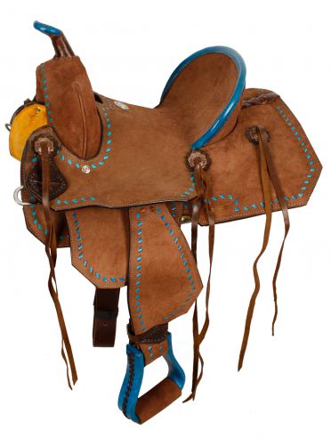 1583310: 10" Double T Youth/Pony Chocolate Roughout Barrel Saddle Youth Saddle Double T Turquoise  