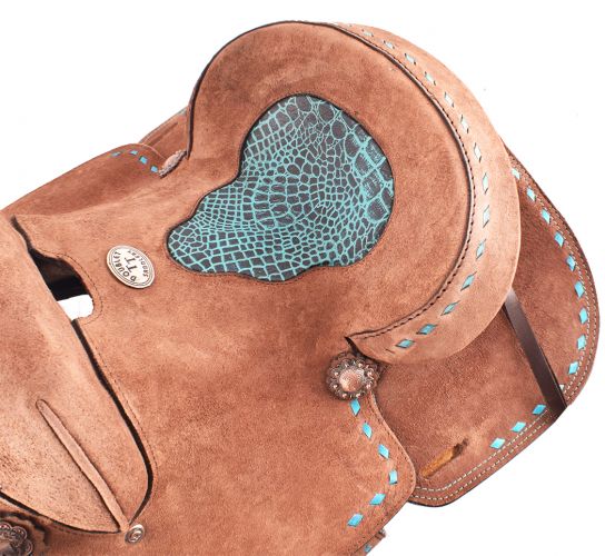 15845: 12", 13" Double T  Roughout Barrel Saddle with Turquoise Seat Youth Saddle Double T   