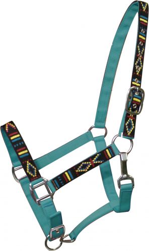 15853: 2 Ply Nylon Full Size Adjustable Halter With Embroidered Navajo Designs Adjustable Halter Showman Saddles and Tack   
