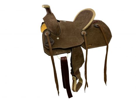 15859: 12" Double T Youth hard seat roper style saddle with chocolate rough out leather Youth Saddle Double T   