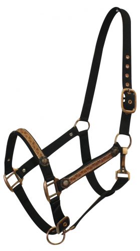15881: Black 2 ply Nylon Halter with Leather Overlay and Copper Hardware Overlay Halter Showman Saddles and Tack   